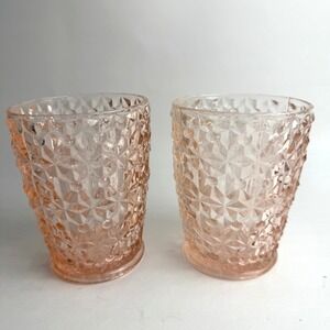 Pink Depression Holiday Buttons and Bows by Jeanette Glass Pair Flat Tumblers 4"